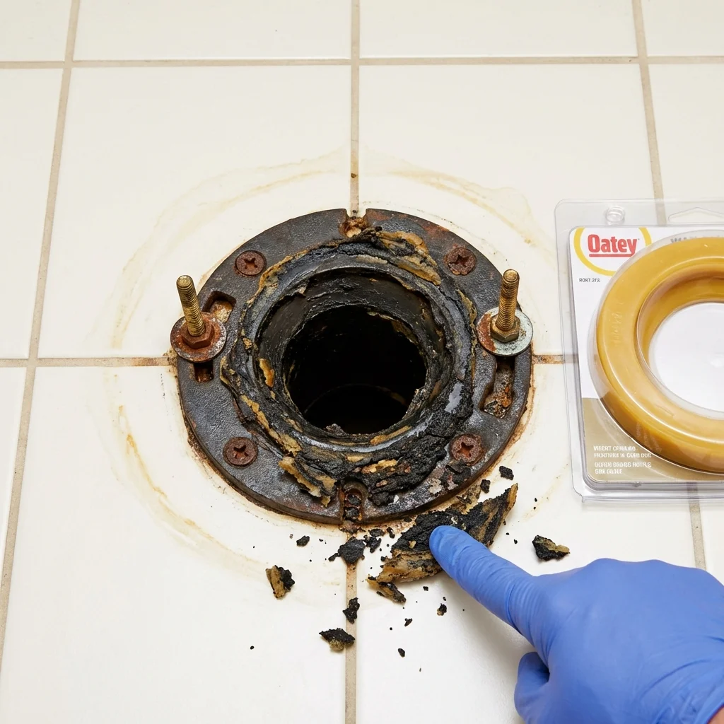 Failed wax ring showing water seepage at the base of a toilet in a Warren, IN home