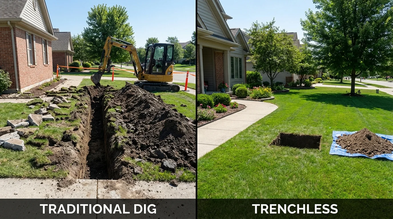 Trenchless sewer repair with minimal yard damage versus traditional excavation in Warren, IN